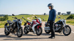 Young rider eyes three A2 motorcycles (naked, sport, cruiser) on a scenic road, embodying choice and aspiration under a clear sky.