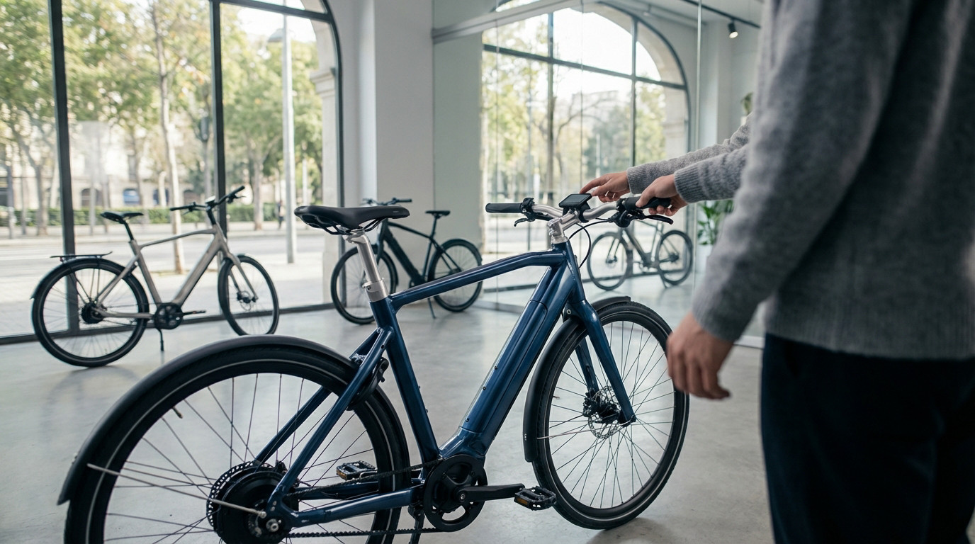 Hands on handlebars of a blue electric bike in a bright showroom. Other e-bikes and urban street visible through large windows.