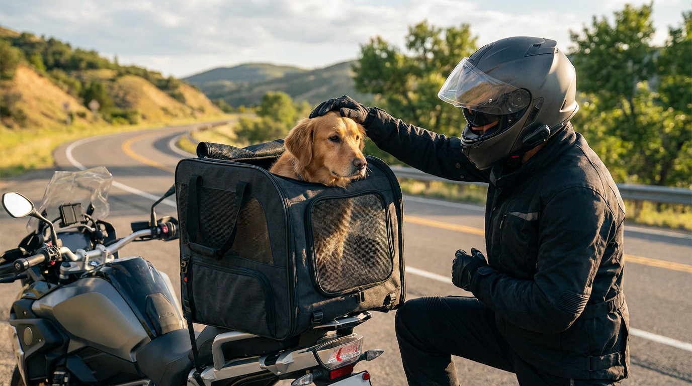 Motorcyclist in helmet gently pets a golden retriever in a carrier on a motorcycle's rear seat on a scenic road.