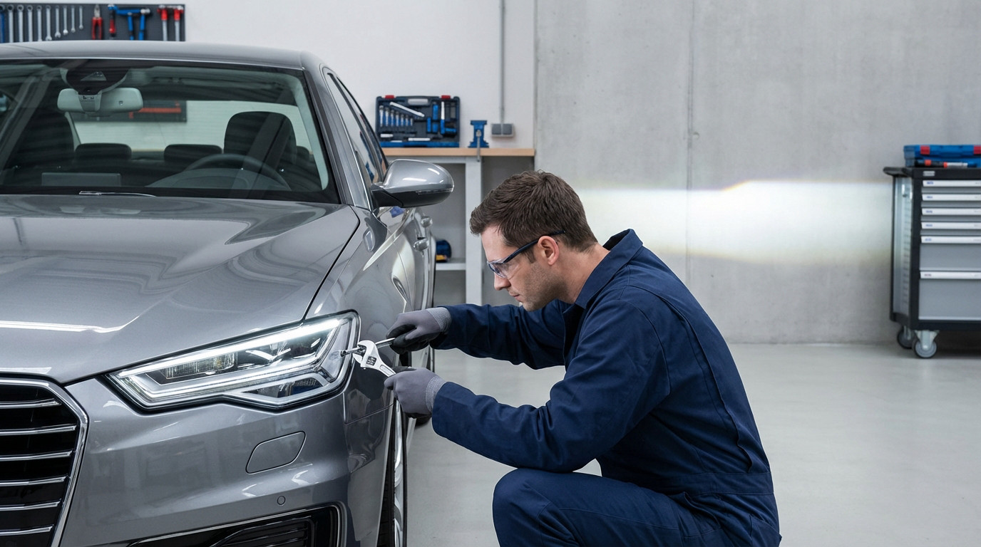 Technician in safety glasses and blue jumpsuit adjusts a gray car's headlight with a wrench in a clean garage. Headlight beam shines on wall.