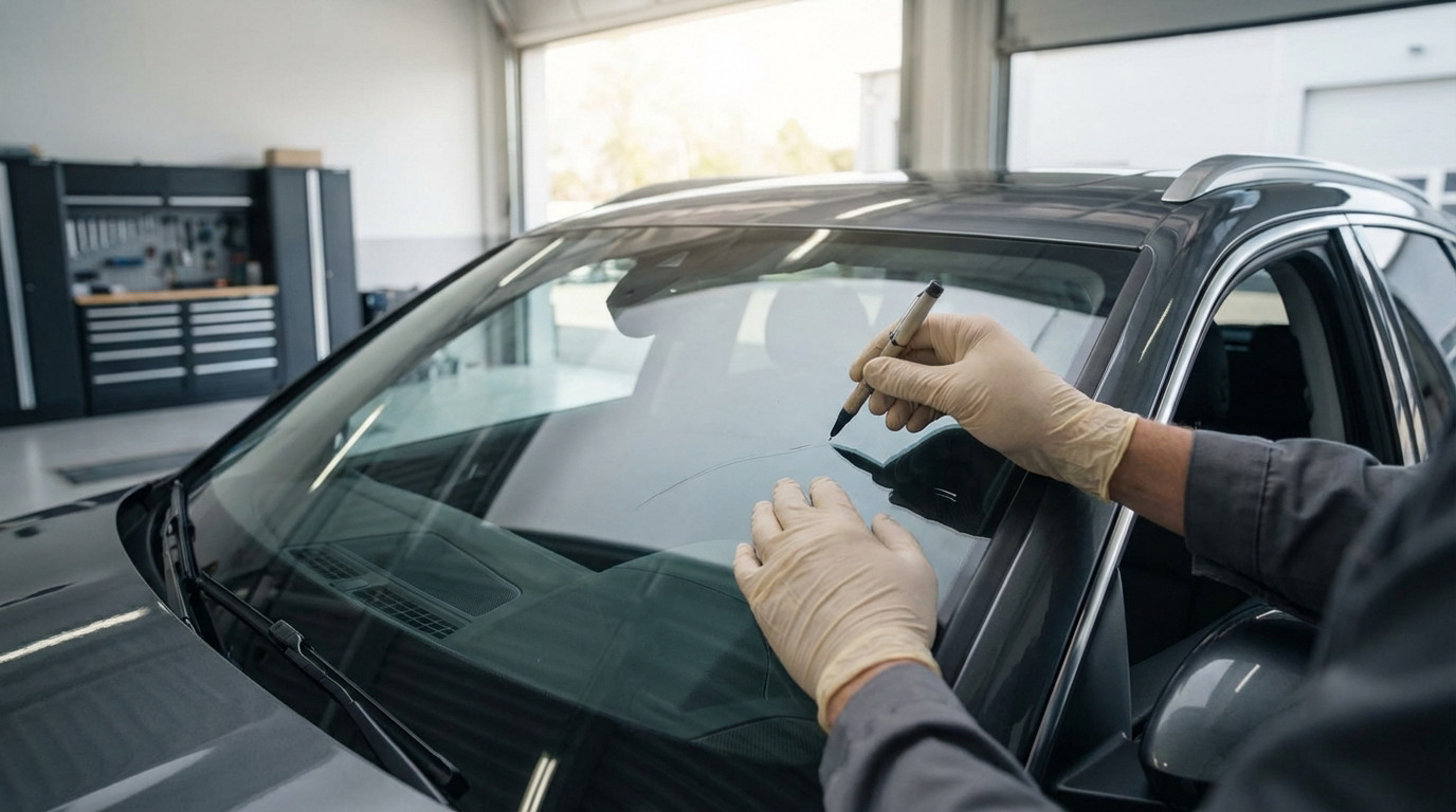 Gloved hands precisely inspect a crack on a dark grey car's windshield with a pen-like tool in a bright garage.