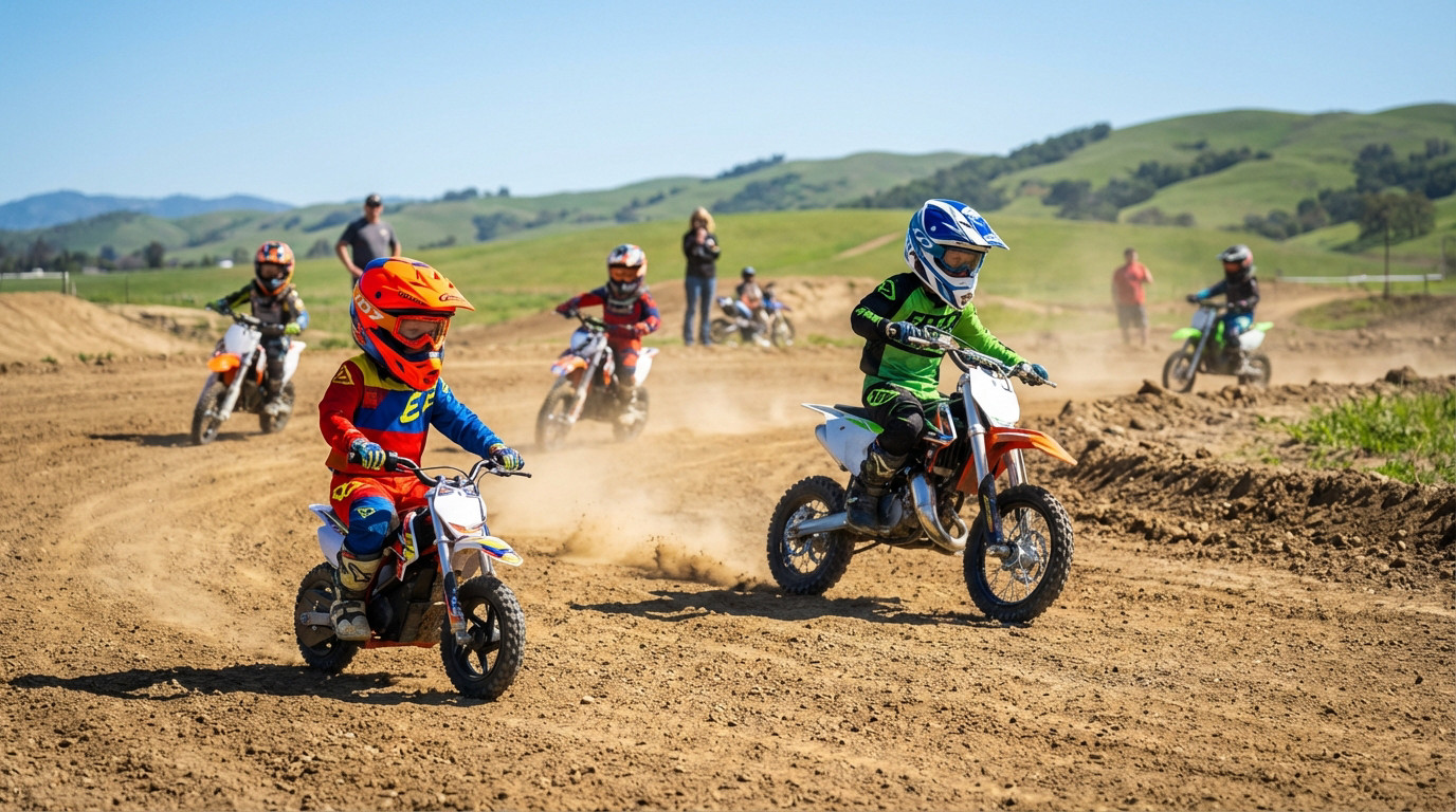 Young children in colorful motocross gear ride dirt bikes on a sunny track. A toddler on a balance bike leads, older child kicks up dust.